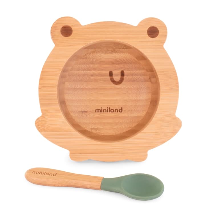 Дитяча бамбукова тарілка на присосці з ложкою Miniland Wooden Bowl Frog, Miniland Baby