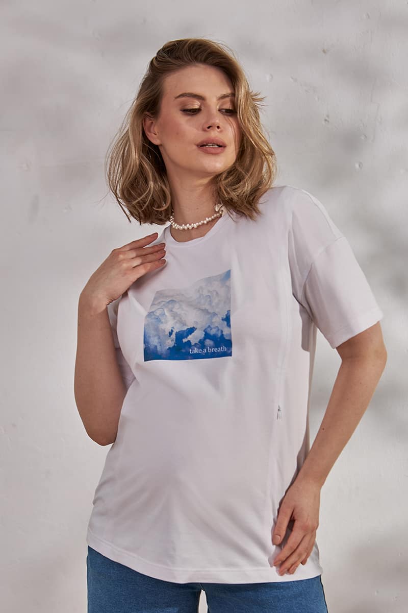 Футболка для вагітних та годуючих Clouds Біла, Yula mama