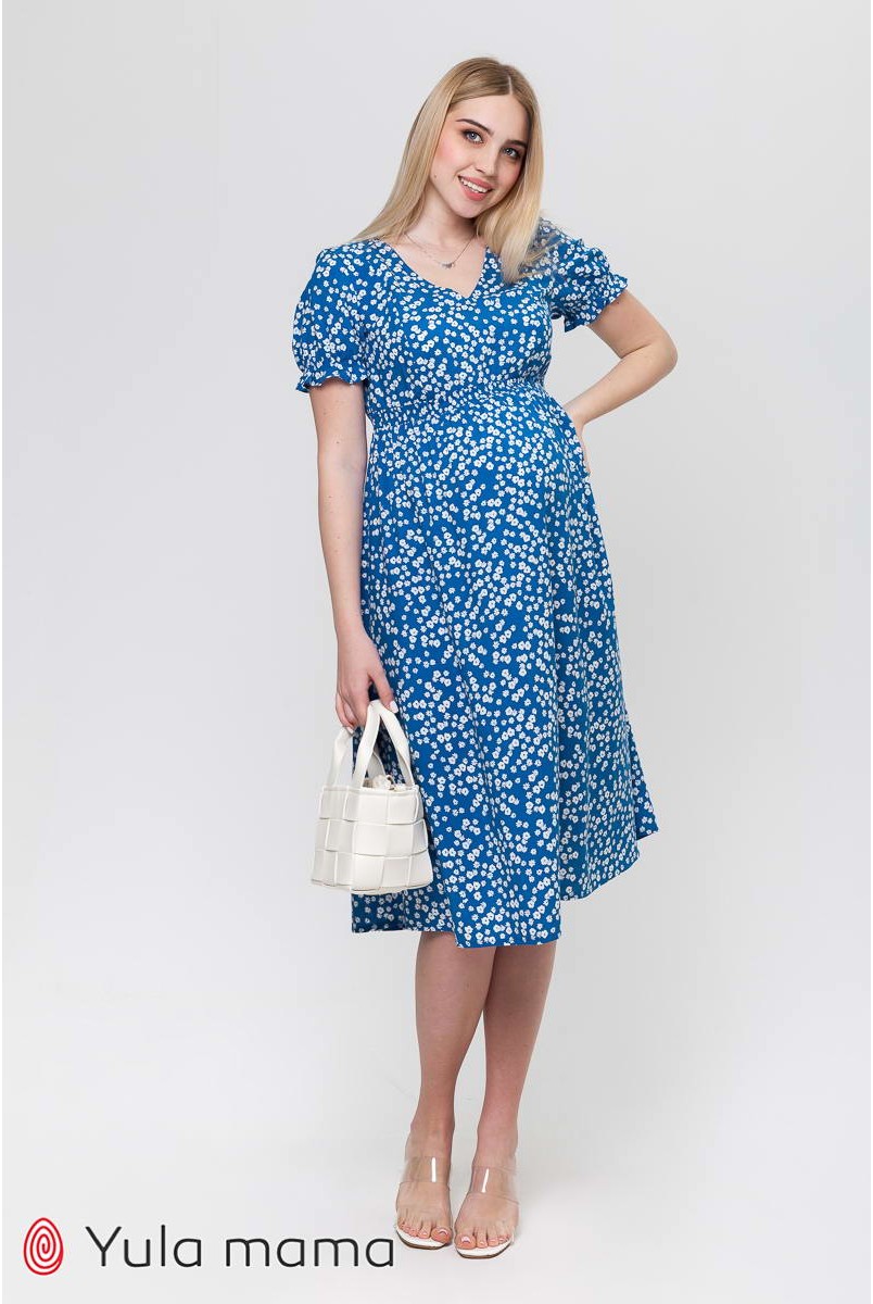 Сукня Audrey білі квіточки на синьому тлі для вагітних і годування