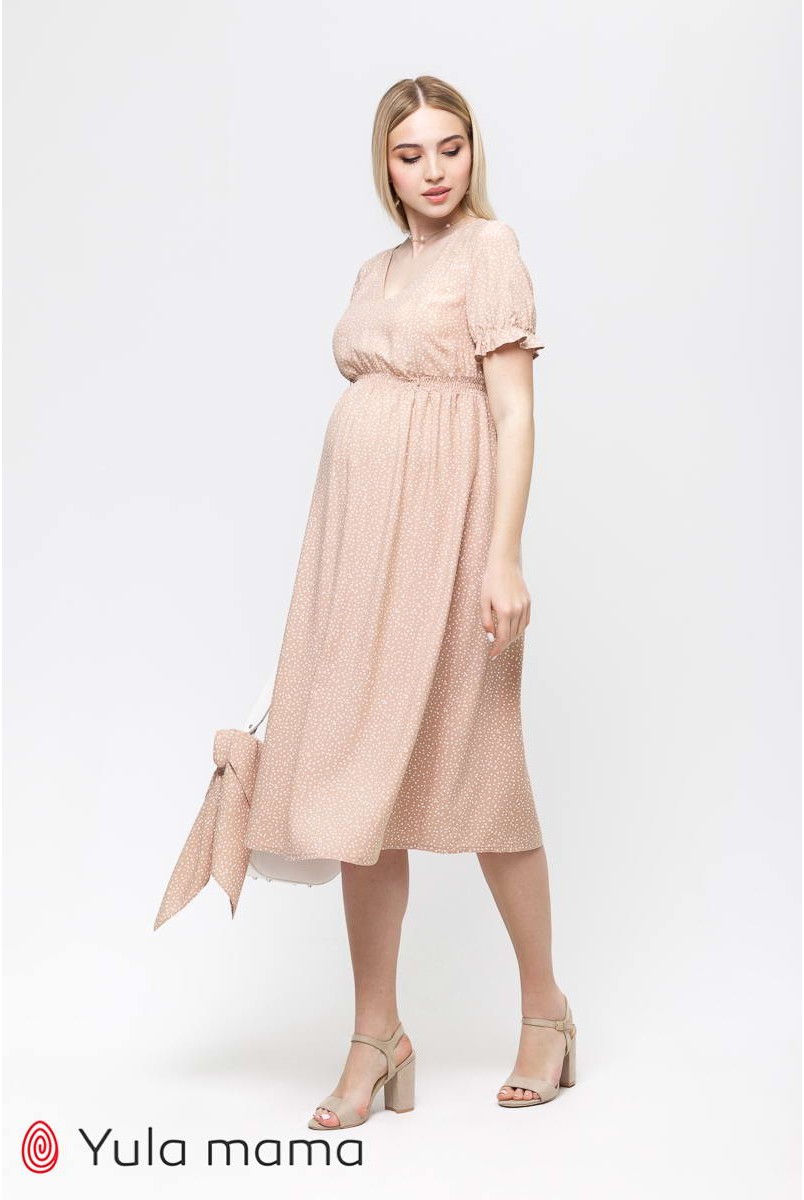 Платье Audrey мелкий молочный горошек на бежевом фоне для беременных и кормления
