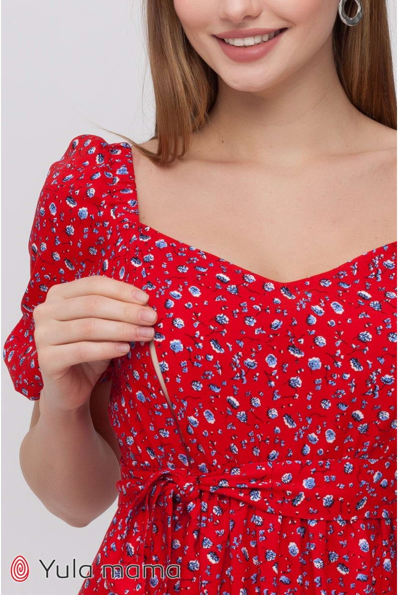Платье Federica голубые цветочки на красном фоне для беременных и кормления