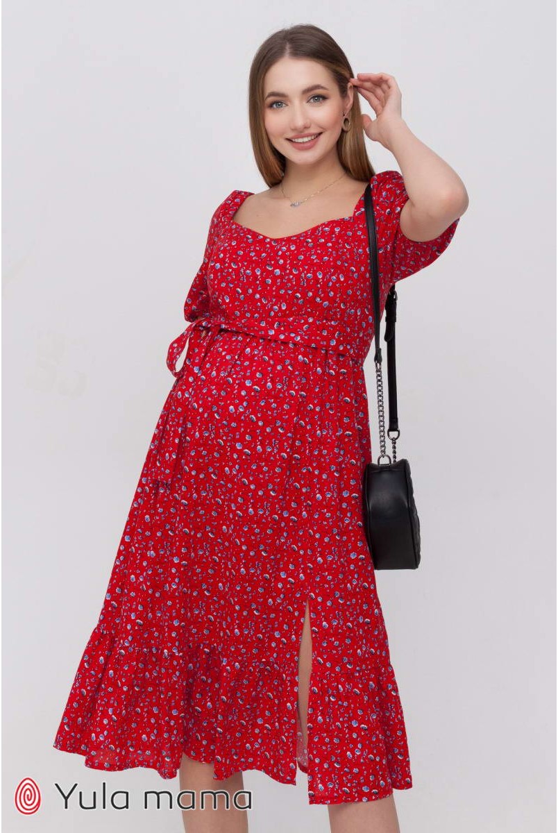 Платье Federica голубые цветочки на красном фоне для беременных и кормления
