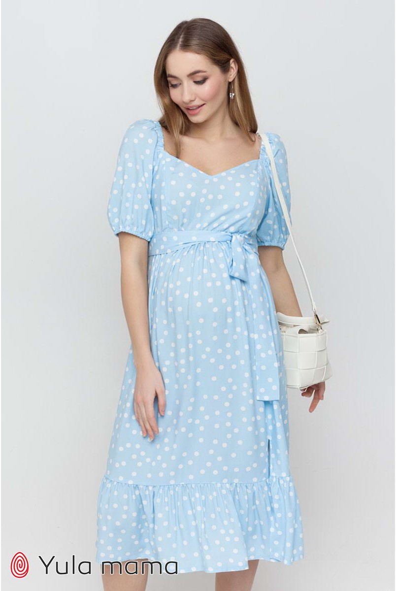 Платье Federica молочный горох на голубом фоне для беременных и кормления