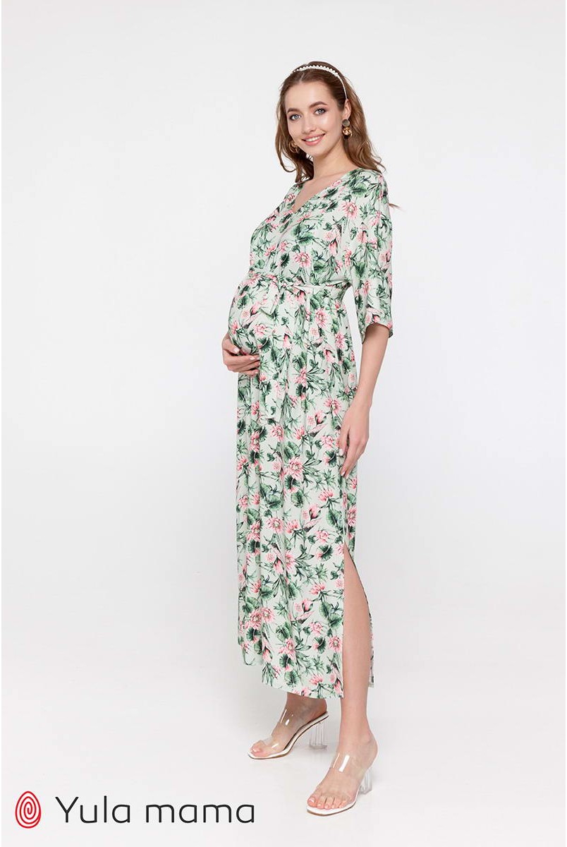 Платье Fey принт розовые лотосы на мятном фоне для беременных и кормления