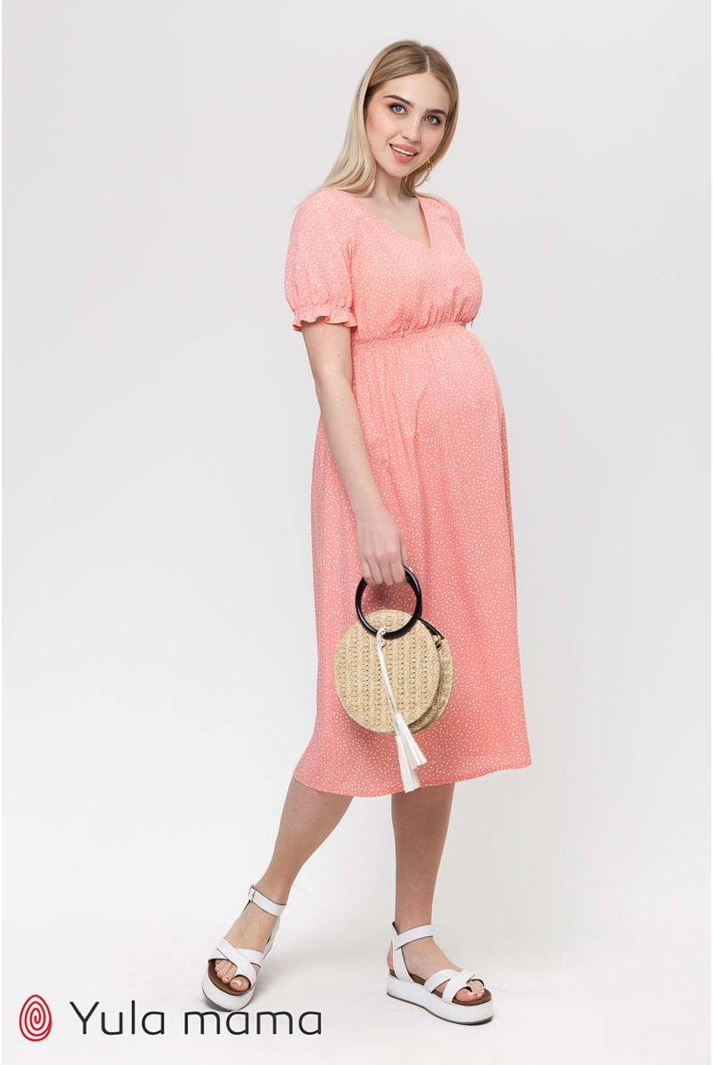 Платье Audrey мелкий молочный горошек на коралловом фоне для беременных и кормления