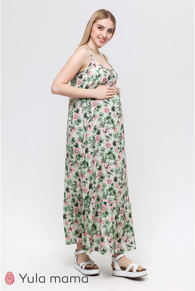 Сарафан Sheyla розовые лотосы на мятном фоне для беременных и кормления