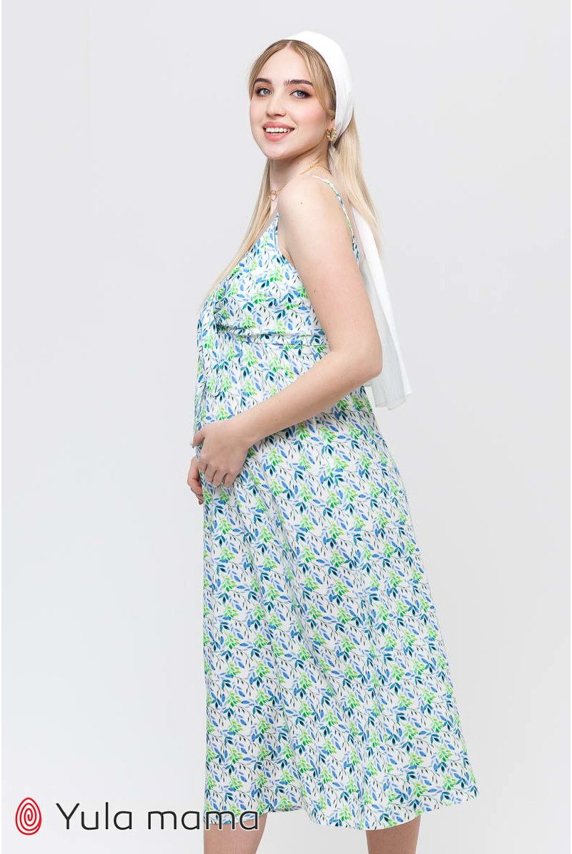 Сарафан Ofelia сині і зелені листочки на молочному тлі для вагітних і годування
