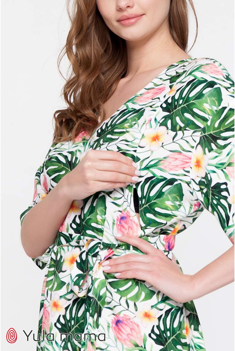 Платье Fey принт яркие листья и цветы на белом фоне для беременных и кормления