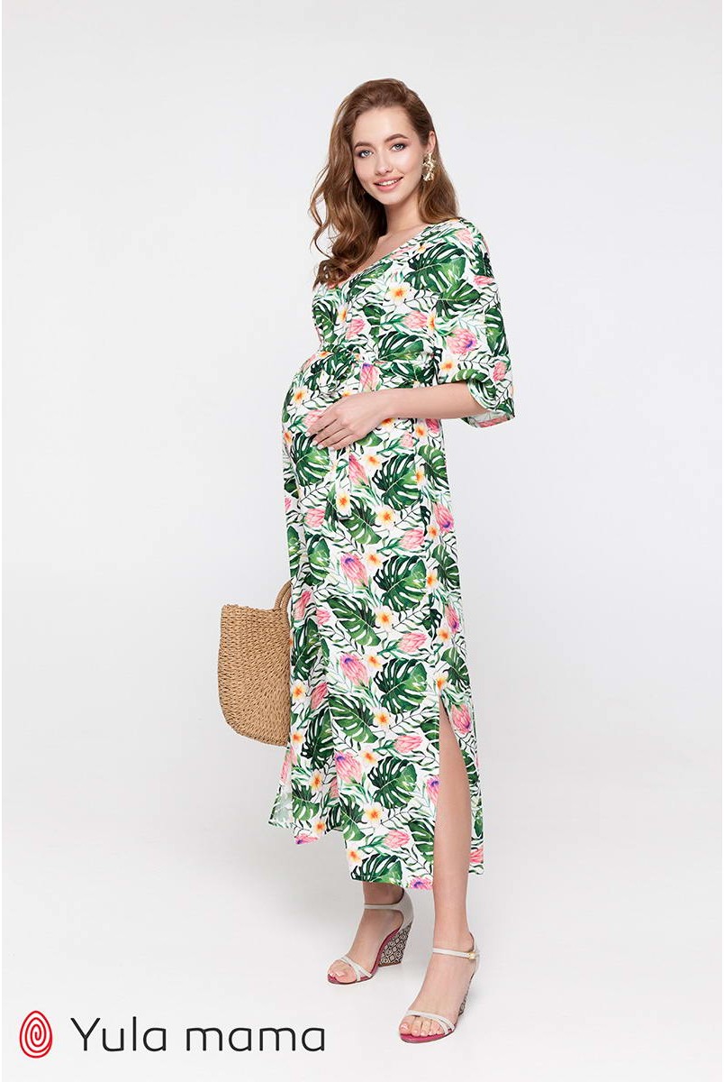 Платье Fey принт яркие листья и цветы на белом фоне для беременных и кормления