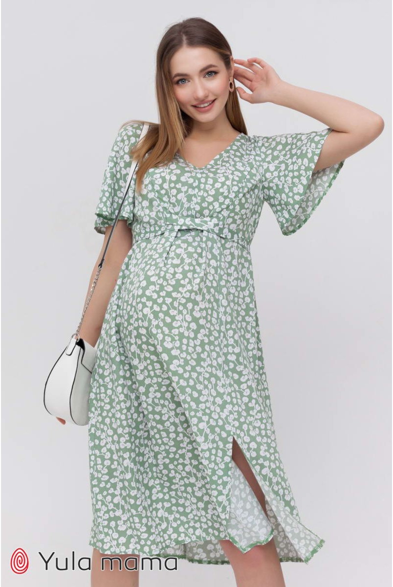 Платье Vanessa молочные цветы на зеленом фоне для беременных и кормления
