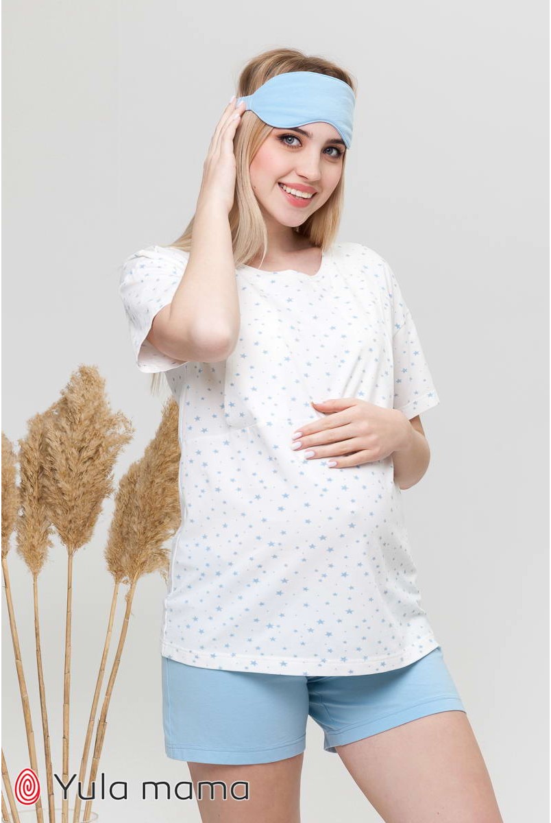 Піжама Janice блакитні зірки на молочному тлі + Блакитний для вагітних і годування