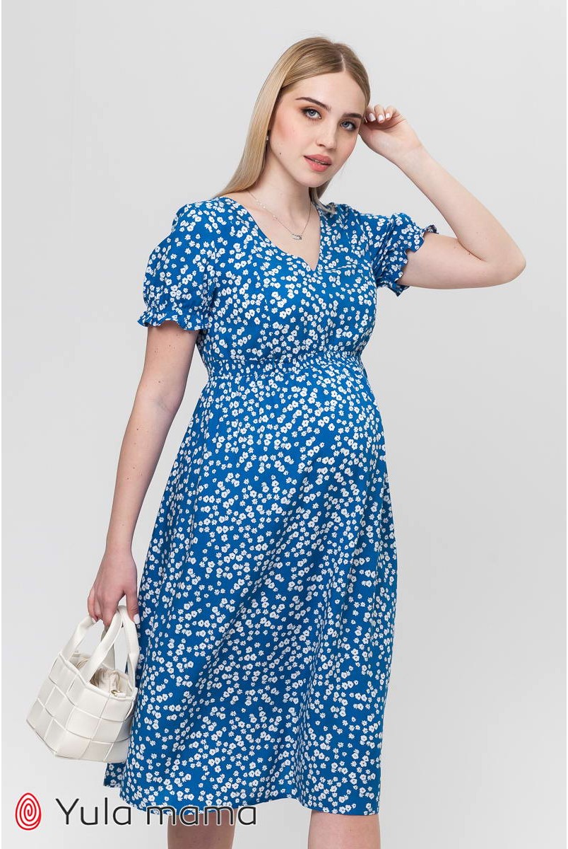 Сукня Audrey білі квіточки на синьому тлі для вагітних і годування