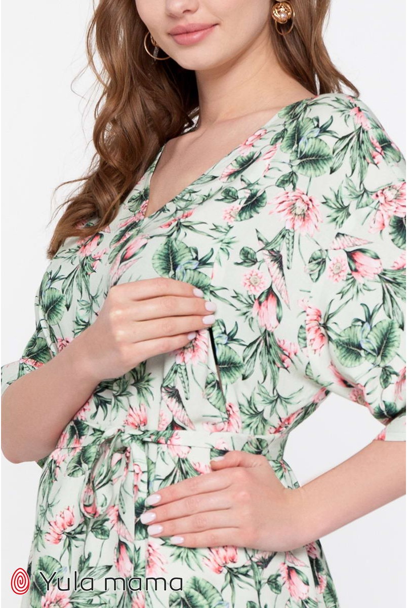 Платье Fey принт розовые лотосы на мятном фоне для беременных и кормления