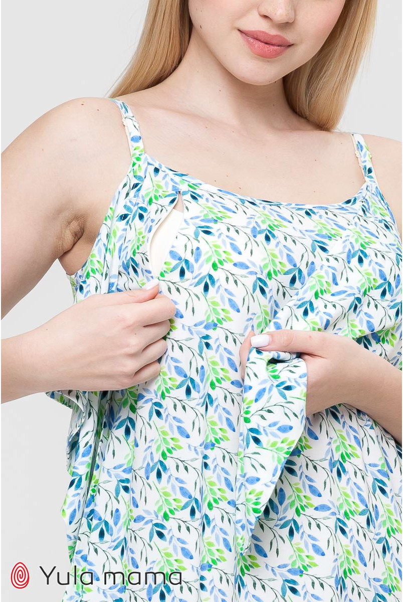 Сарафан Ofelia сині і зелені листочки на молочному тлі для вагітних і годування