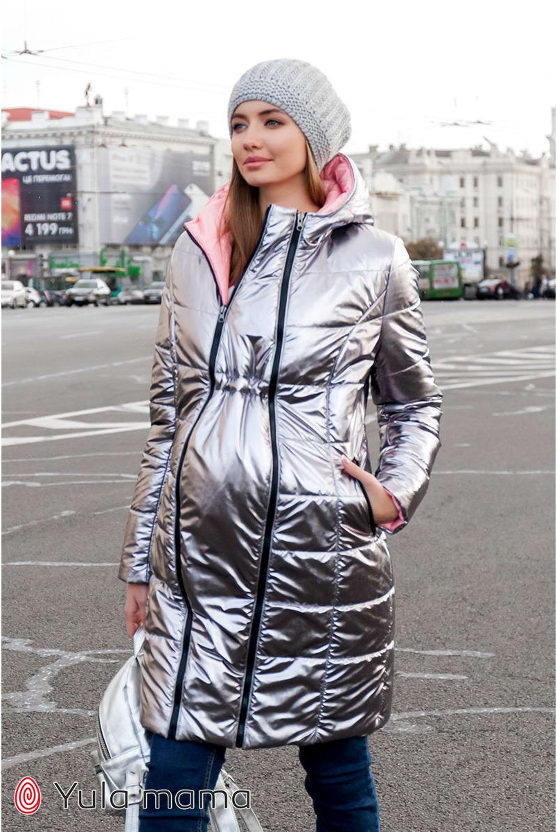 Зимове двостороннє пальто Kristin OW-40.032 (металік графіт з рожевим) для вагітних