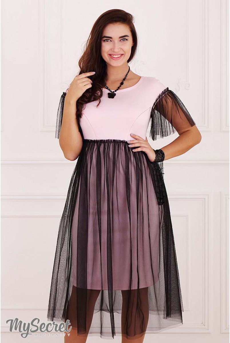 Платье Dorotie нежно-розовый с черным фатином для беременных и кормящих 