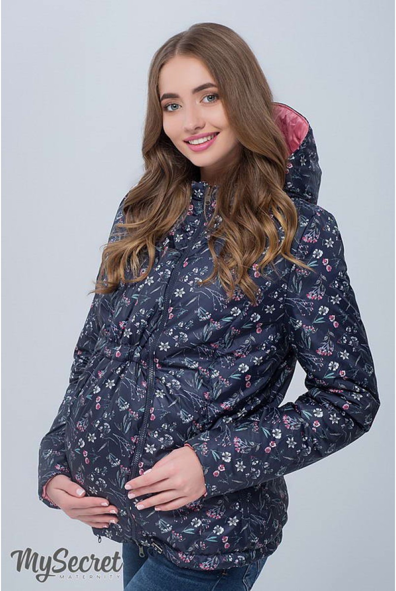 Демисезонная двухсторонняя куртка Floyd (темно-синий с принтом цветы + коралловый) для беременных