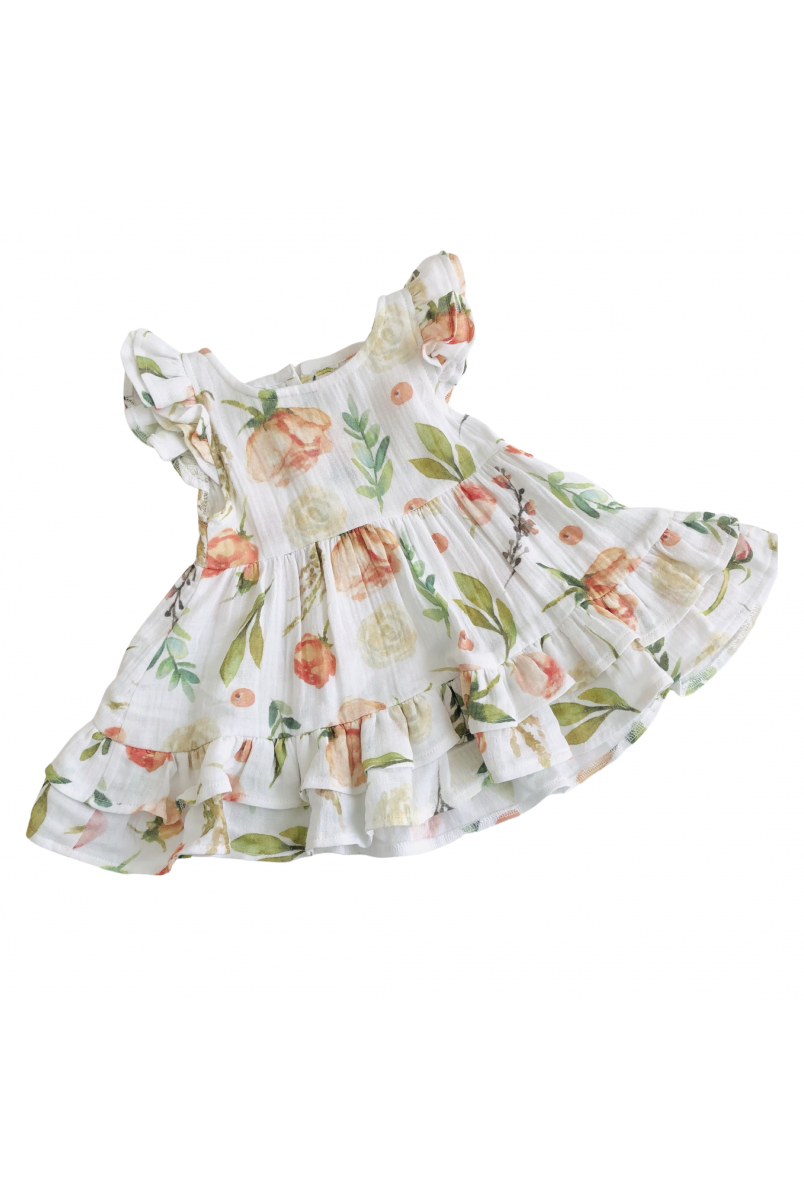 Платье муслиновое для девочки Embrace белое в персиковые пионы