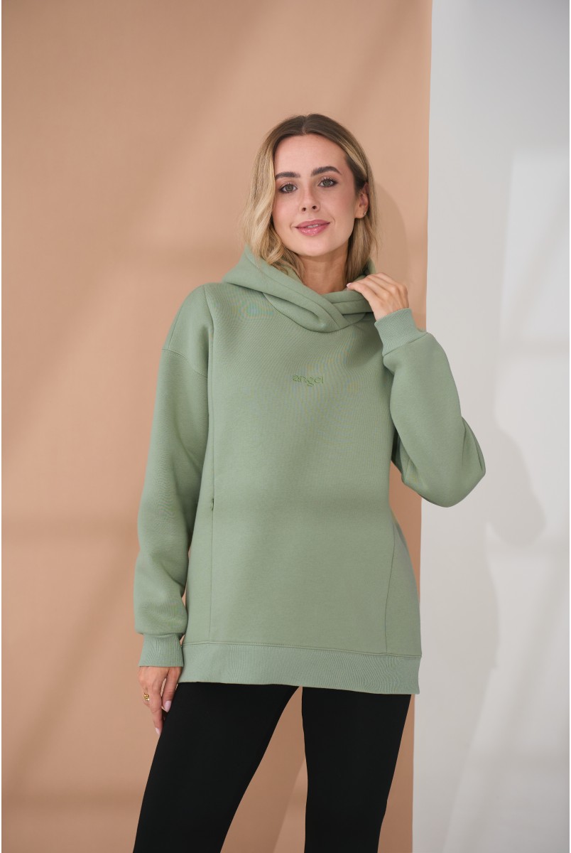 Теплий худі для вагітних та годуючих з вишивкою на грудях Angel оливковий Yula Mama