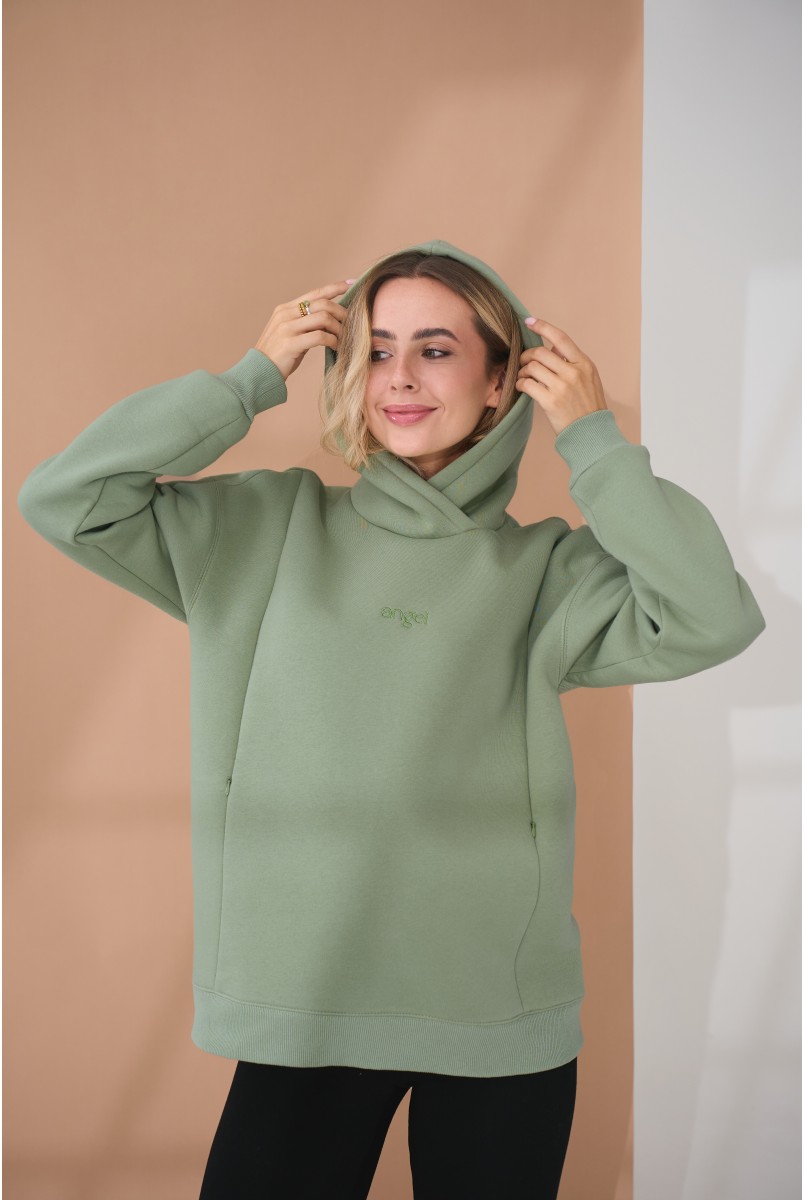 Теплий худі для вагітних та годуючих з вишивкою на грудях Angel оливковий Yula Mama