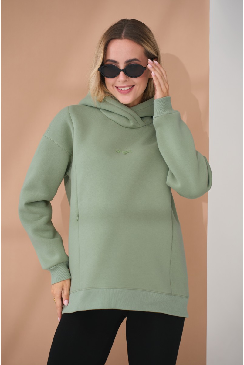 Теплий худі для вагітних та годуючих з вишивкою на грудях Angel оливковий Yula Mama