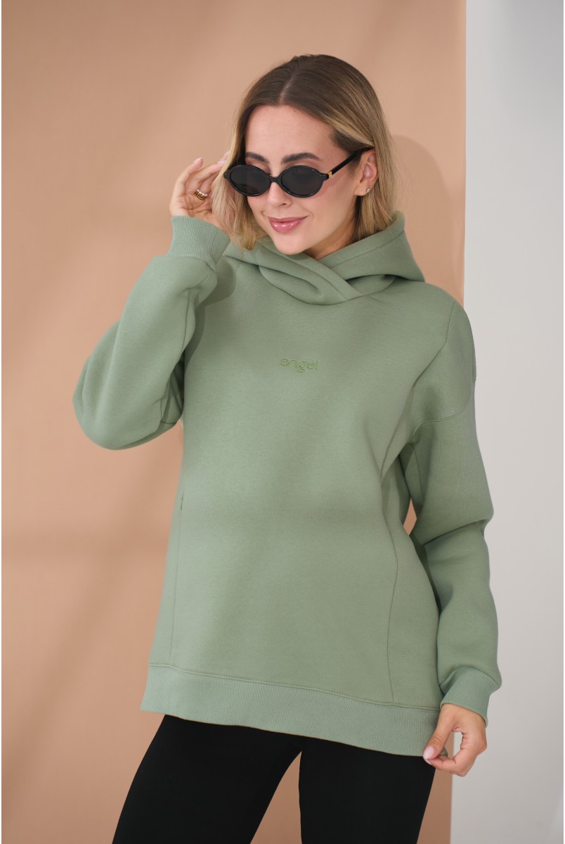 Теплий худі для вагітних та годуючих з вишивкою на грудях Angel оливковий Yula Mama