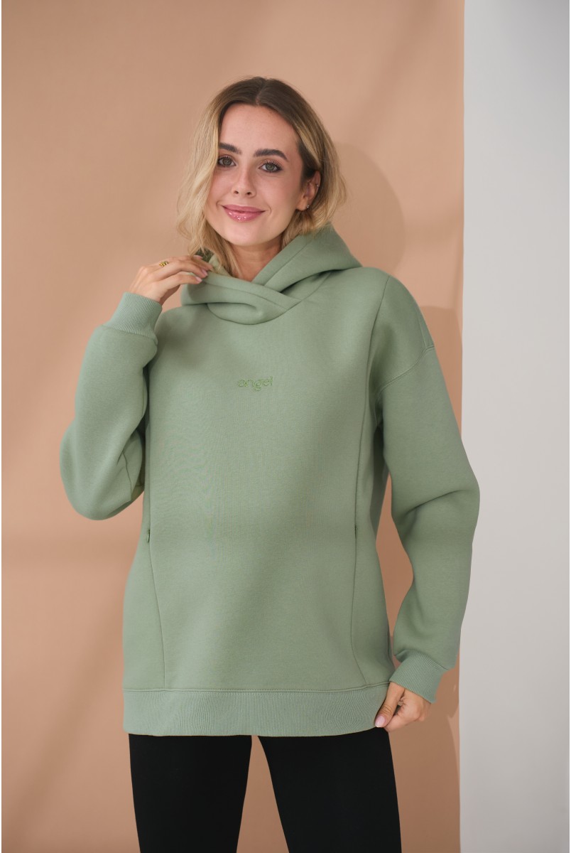 Теплий худі для вагітних та годуючих з вишивкою на грудях Angel оливковий Yula Mama