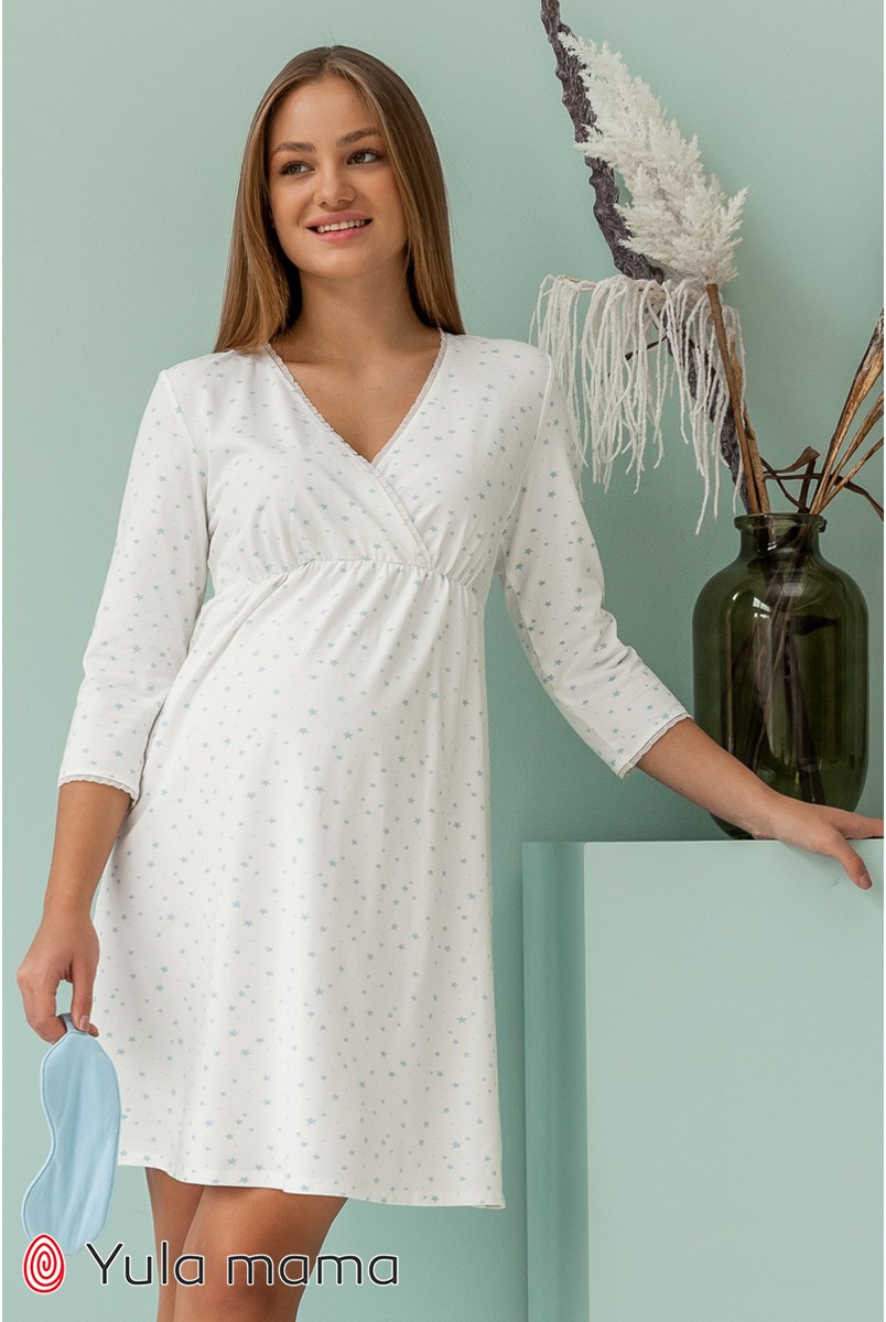 Ночная сорочка для беременных и кормления Юла мама Alisa NW-1.5.5 голубые звезды на молочном фоне