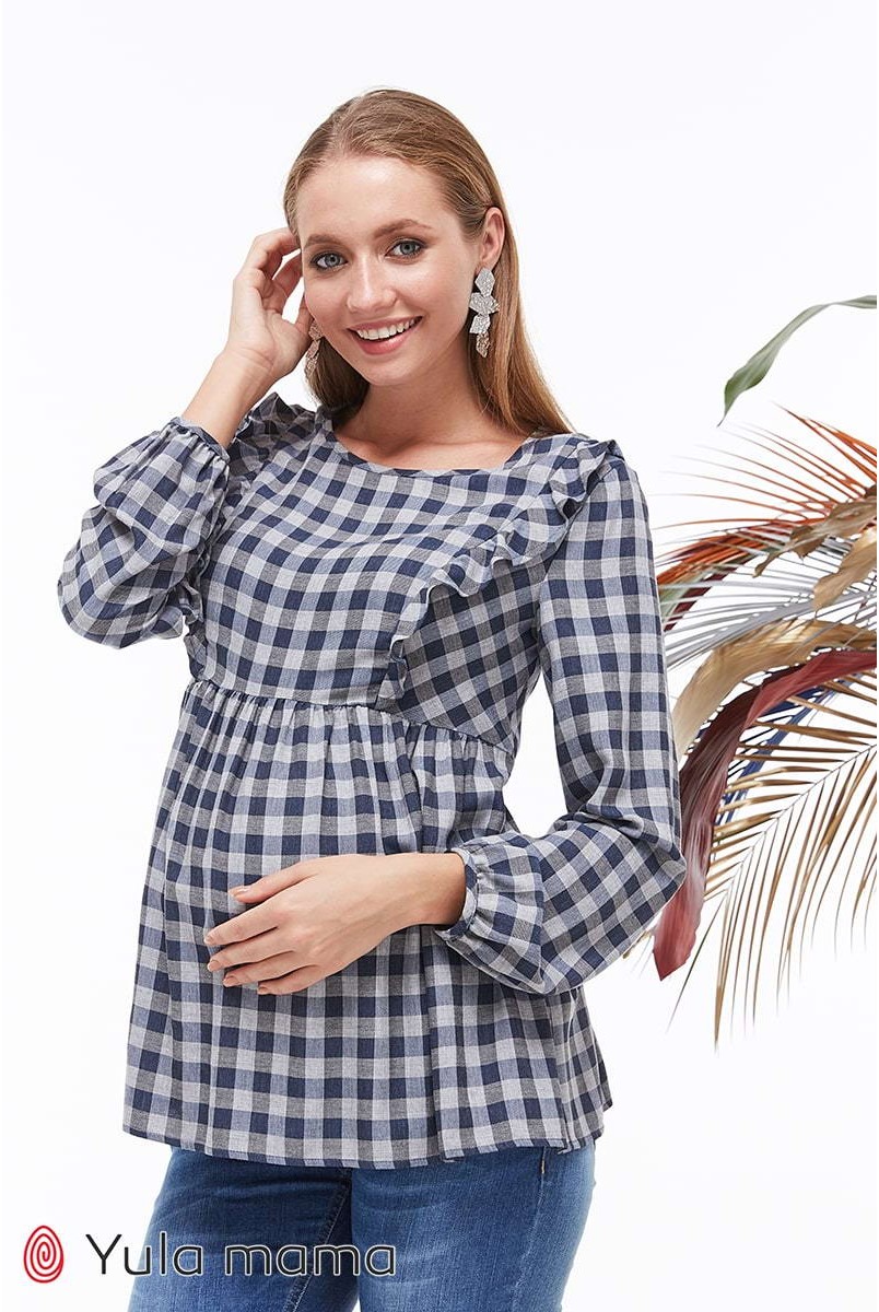 Блуза Marcela клетка серо-синяя для беременных и кормящих