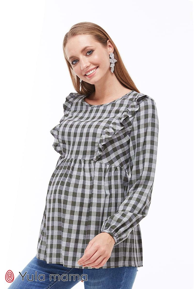 Блуза Marcela клетка серо-зеленая для беременных и кормящих
