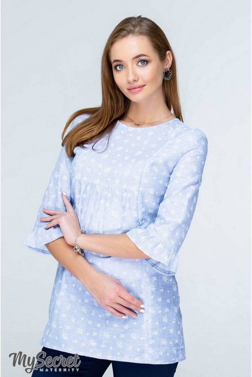 Блуза Alisha бело-голубая полосочка с белыми цветочками для беременных и кормления