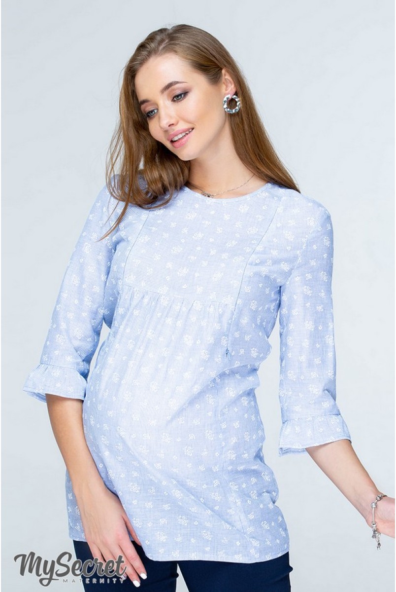 Блуза Alisha біло-блакитна смужка з білими квіточками для вагітних і годування