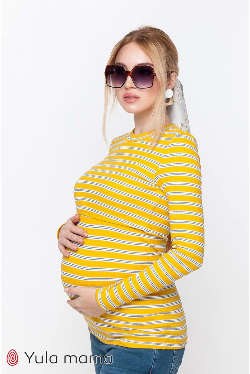 Лонгслів Poppy велика жовто-біла смуга з синіми смужками для вагітних і годування