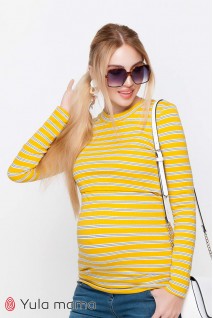 Лонгслив Poppy крупная желто-белая полоска с синими полосочками для беременных и кормящих