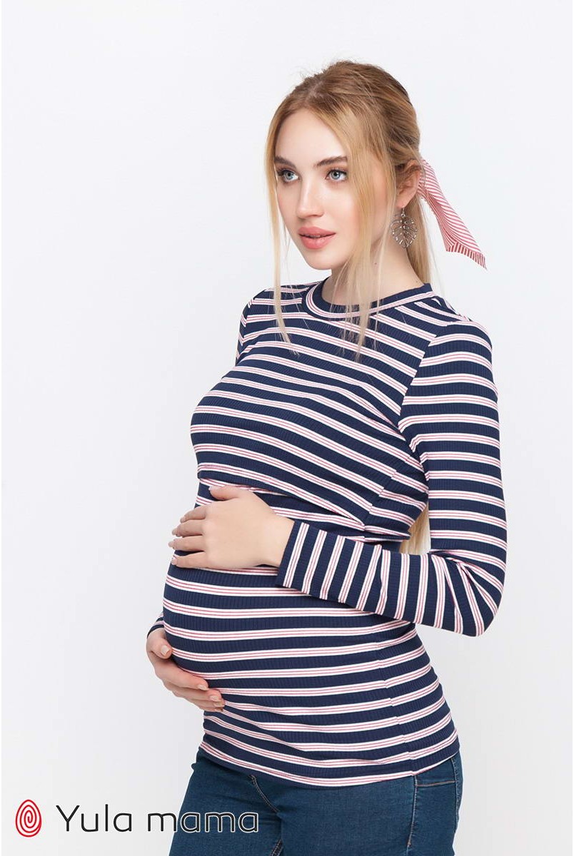 Лонгслив Poppy крупная сине-белая полоска с красными полосочками для беременных и кормящих