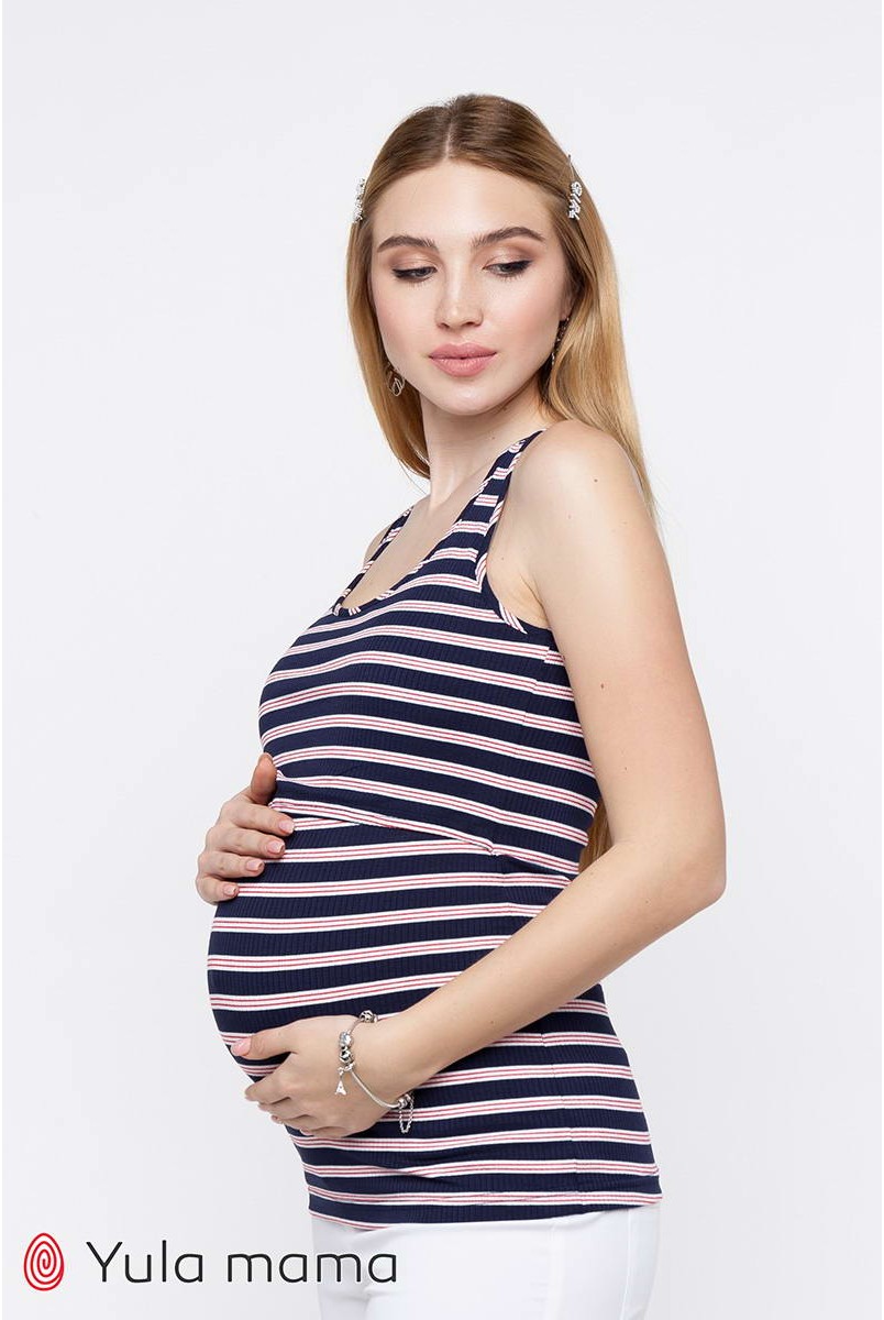 Майка Miley крупная сине-белая полоска с красными полосочками для беременных и кормящих