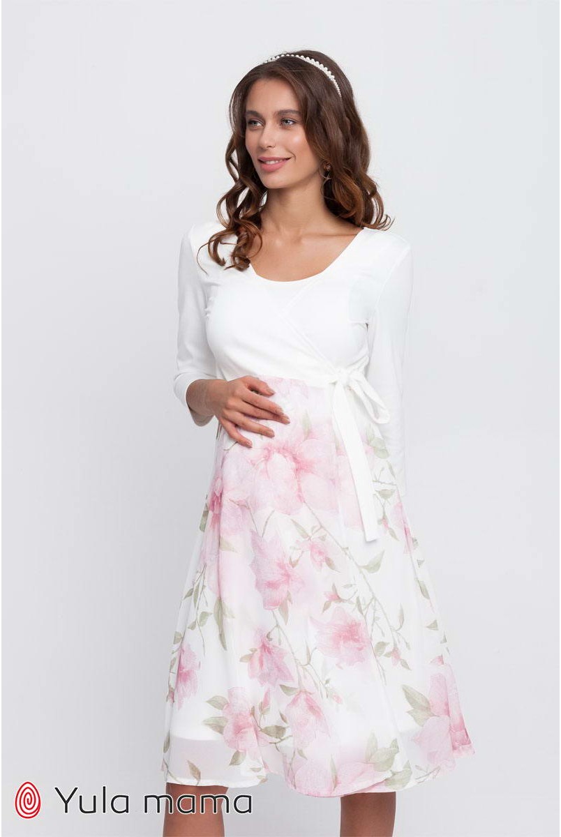 Платье Scarlett молочный с розовыми цветами для беременных и кормления