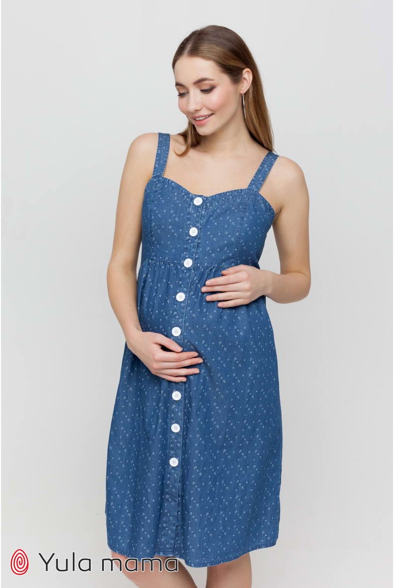 Сарафан Tina джинсово-синій з принтом якірці для вагітних і годування
