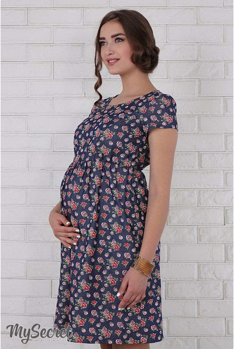 Платье Celena джинсово-синий с принтом цветочки для беременных и кормящих