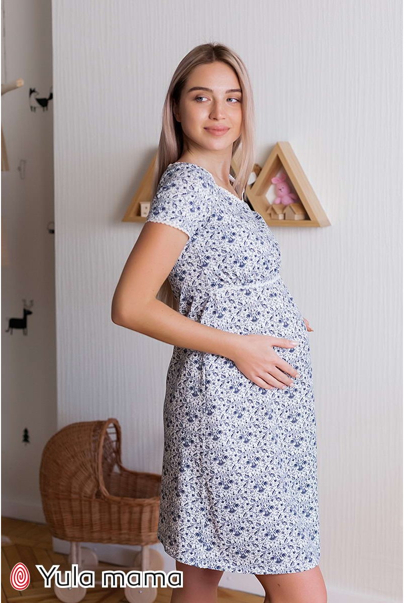 Ночная сорочка Margaret синий узор на молоке для беременных и кормящих 