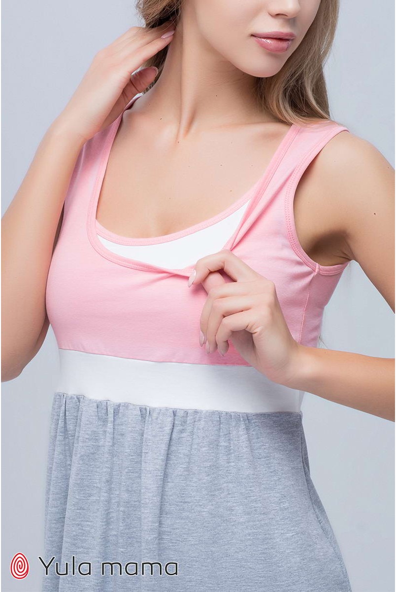 Нічна сорочка Sela сірий меланж з рожевим і білим для вагітних і годування