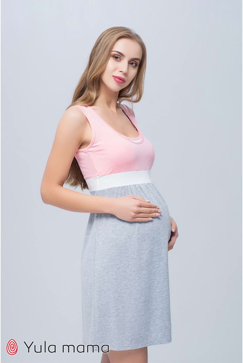 Нічна сорочка Sela сірий меланж з рожевим і білим для вагітних і годування