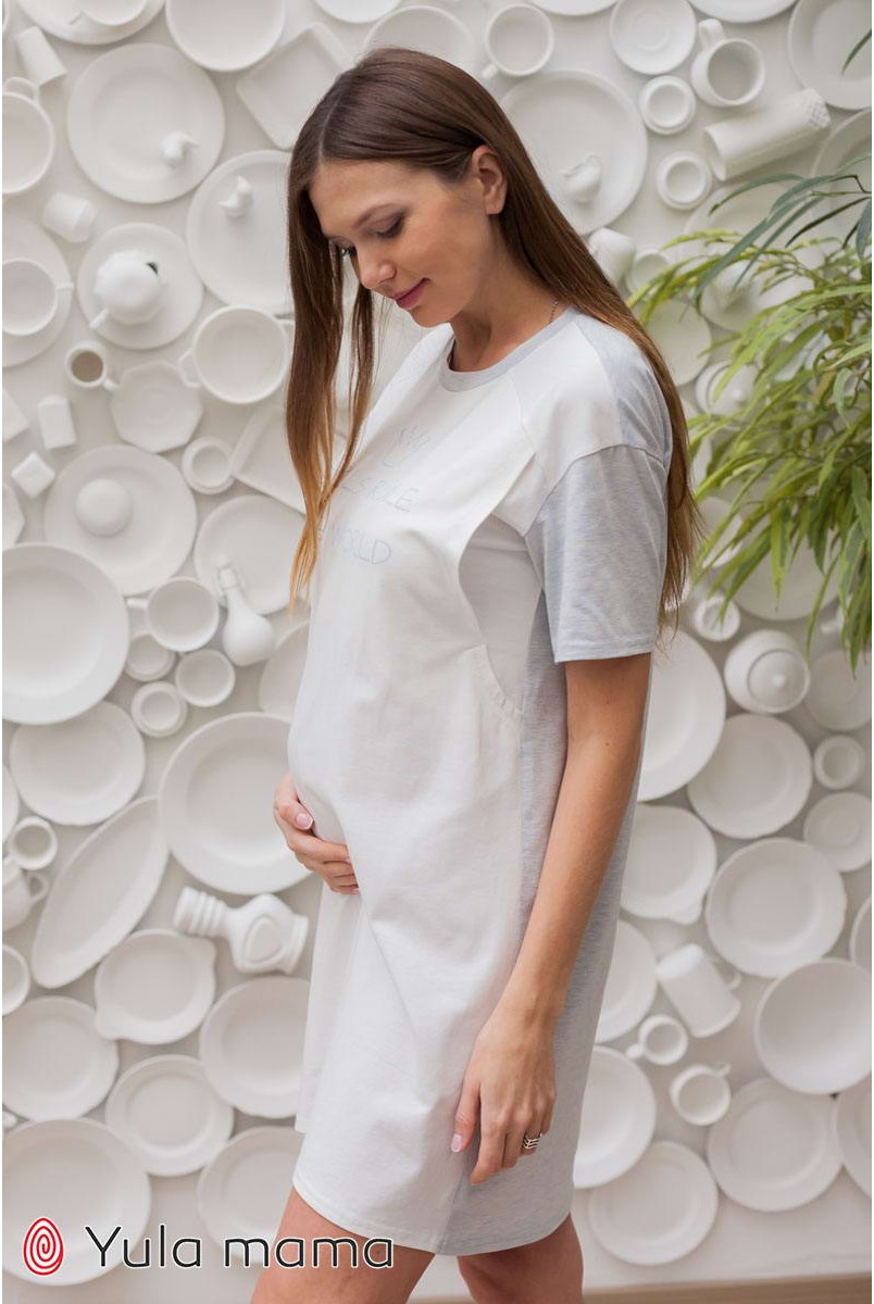 Ночная сорочка Yasmin голубой меланж с молочным для беременных и кормления