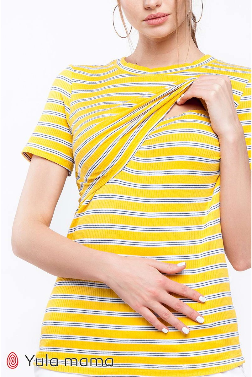 Футболка Zarina крупная желто-белая полоска с синими полосочками для беременных и кормящих
