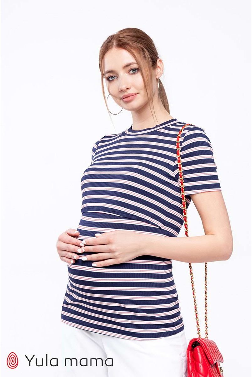 Футболка Zarina крупная сине-белая полоска с красными полосочками для беременных и кормящих