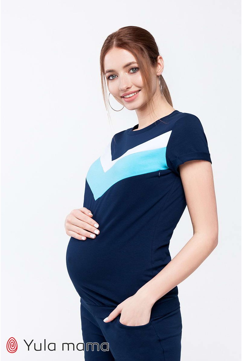 Футболка Karo темно-синий с белым и аквамарином для беременных и кормления