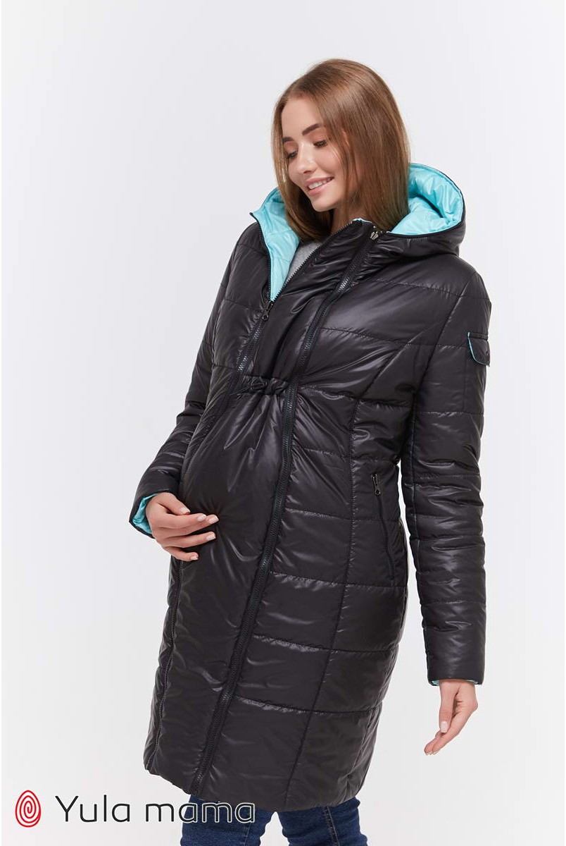 Зимове двостороннє пальто Kristin (чорний з аквамарином) для вагітних