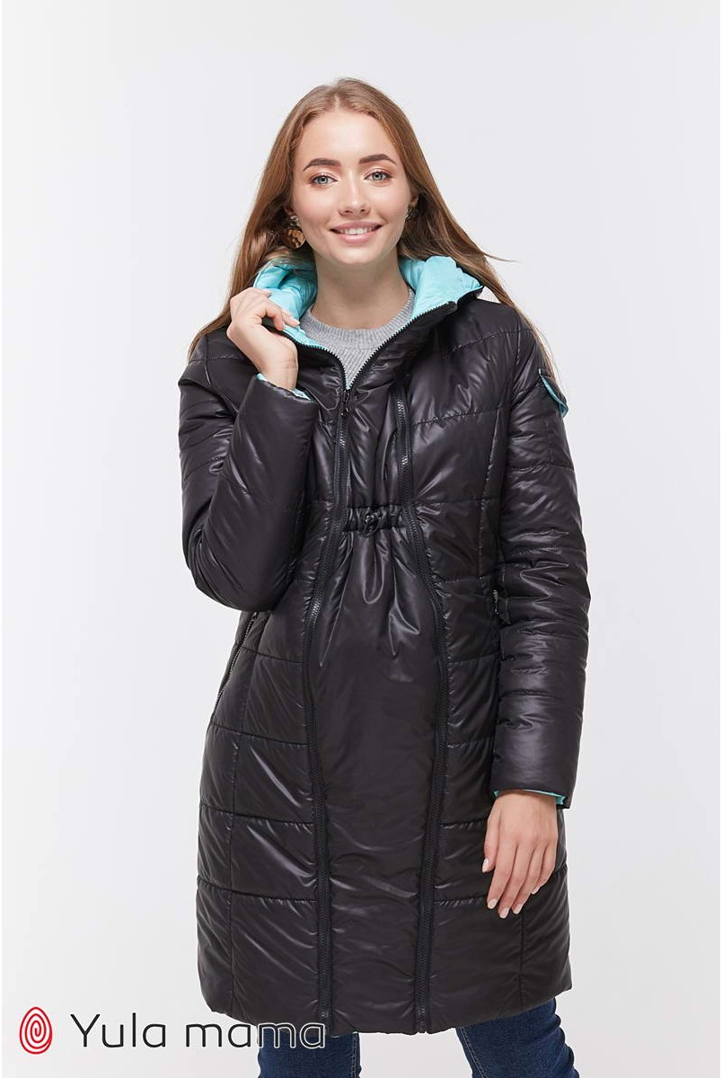 Зимове двостороннє пальто Kristin (чорний з аквамарином) для вагітних