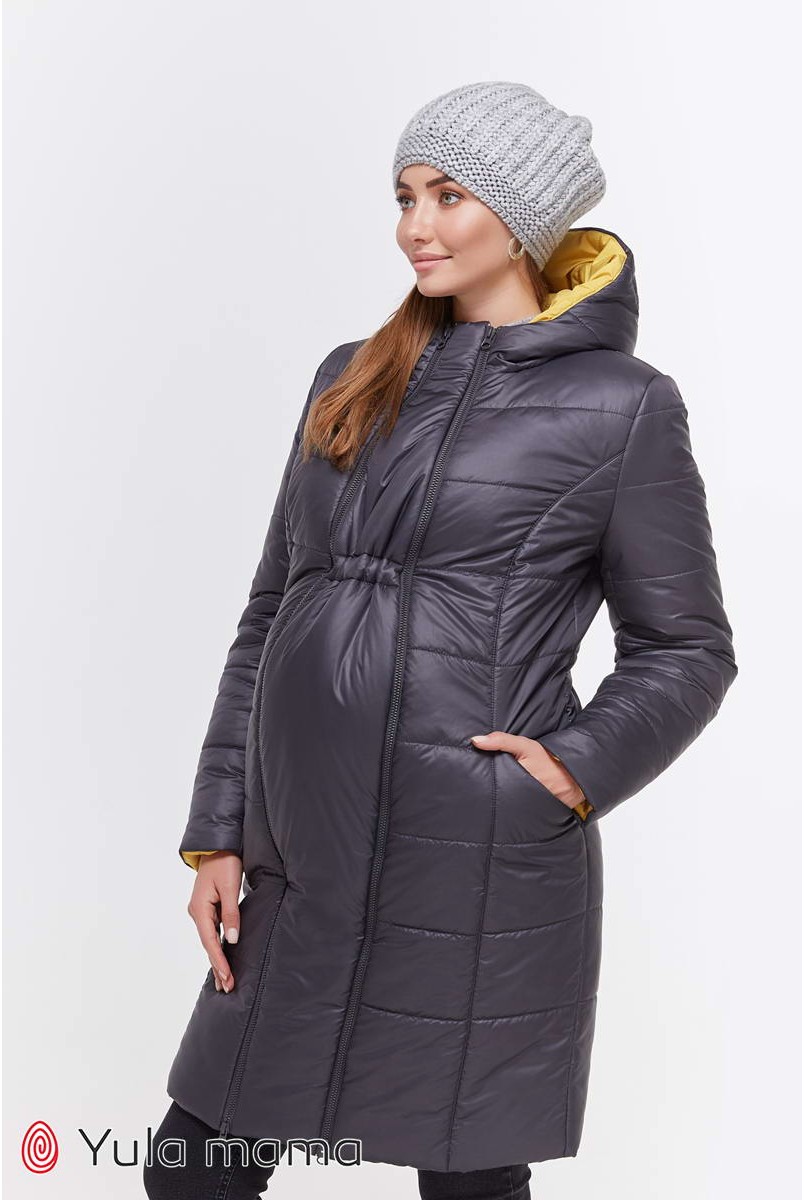 Зимове тепле пальто Mariet графіт з гірчицею для вагітних