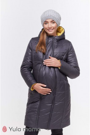 Зимнее теплое пальто Mariet графит с горчицей для беременных